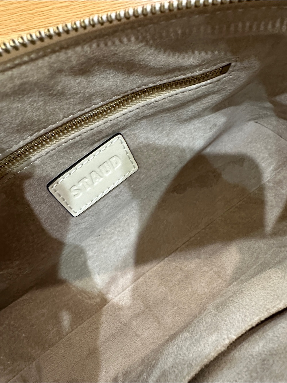 STAUD Cream Leather Top-Zip Shoulder Bag with Gold Hardware - Picture 6 of 8